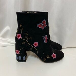 Nanette Lepore Women Black Suede Ankle Boots With Raised Butterflies